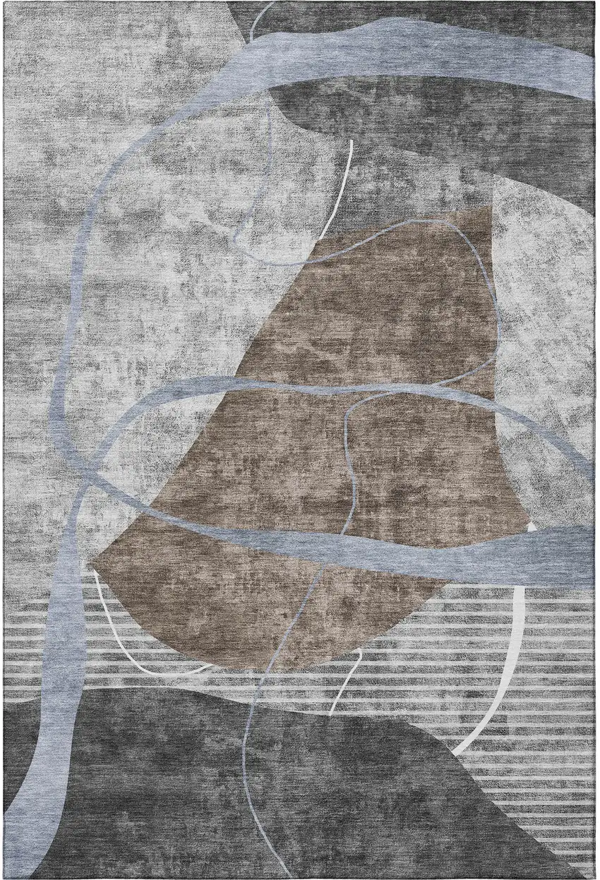 Chocolate Blue And Gray Abstract Geometric Washable Area Rug With UV Protection Photo 4