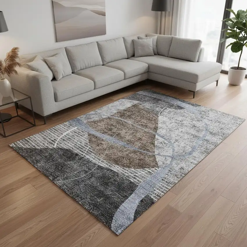 Chocolate Blue And Gray Abstract Geometric Washable Area Rug With UV Protection Photo 2