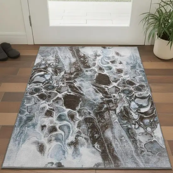 Chocolate Blue And Gray Abstract Washable Area Rug With UV Protection Photo 2