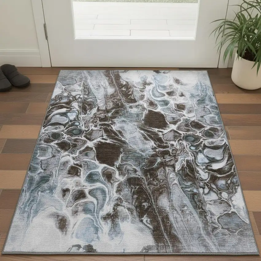 Chocolate Blue And Gray Abstract Washable Area Rug With UV Protection Photo 2