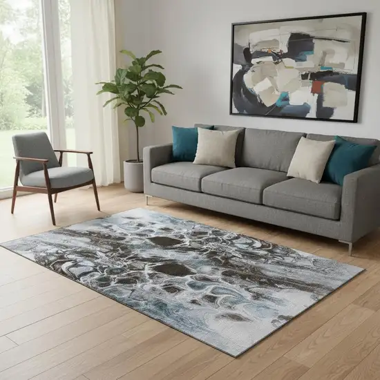 Chocolate Blue And Gray Abstract Washable Area Rug With UV Protection Photo 2