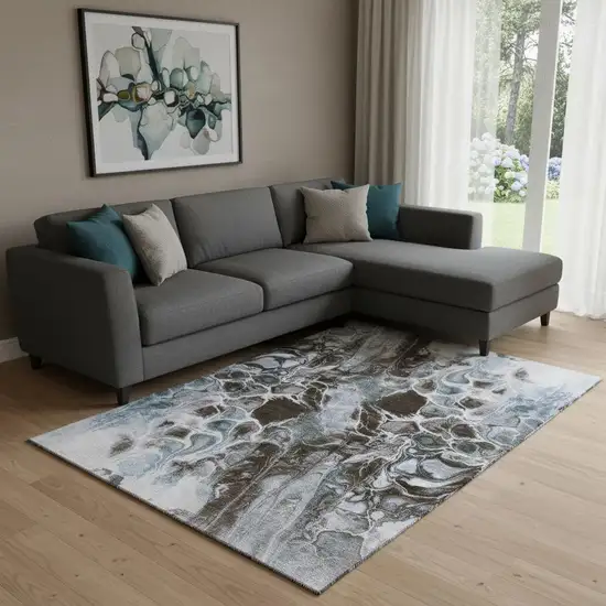 Chocolate Blue And Gray Abstract Washable Area Rug With UV Protection Photo 2
