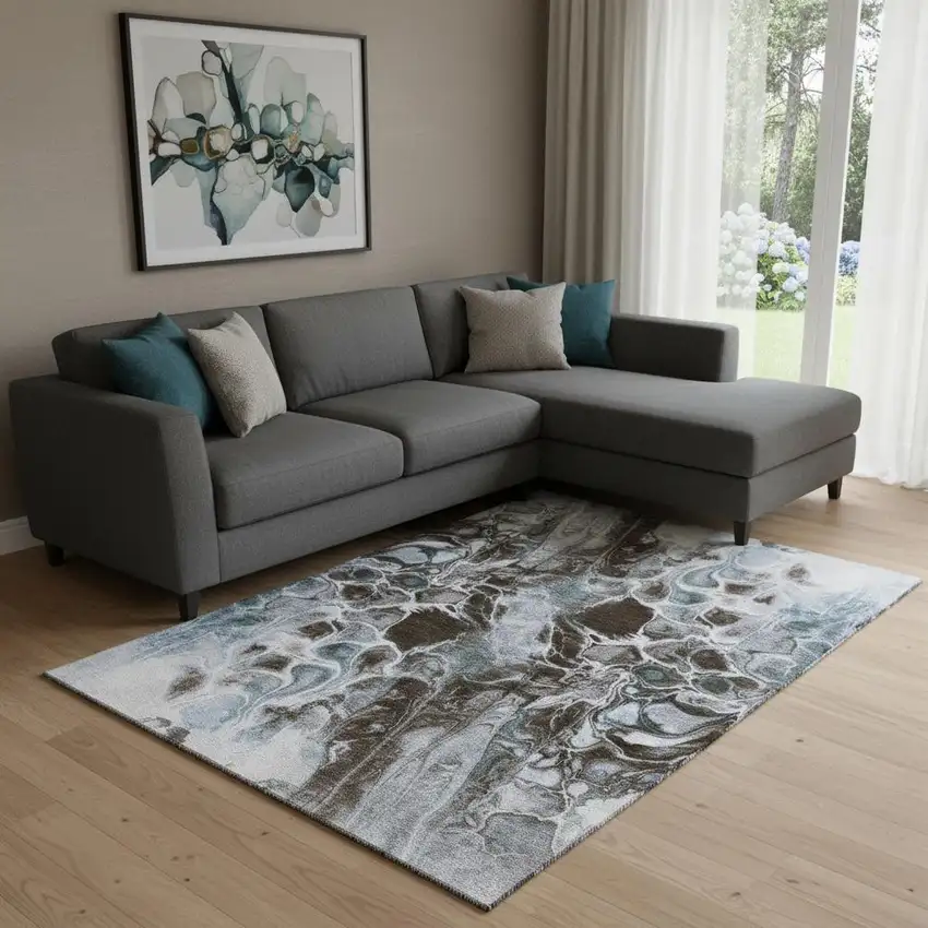 Chocolate Blue And Gray Abstract Washable Area Rug With UV Protection Photo 2