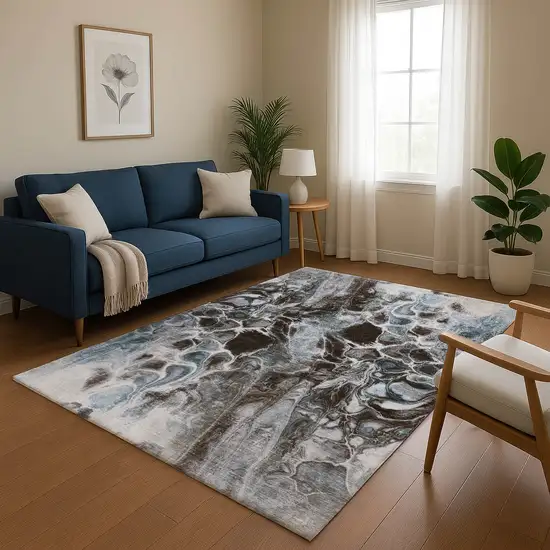 Chocolate Blue And Gray Abstract Washable Area Rug With UV Protection Photo 5