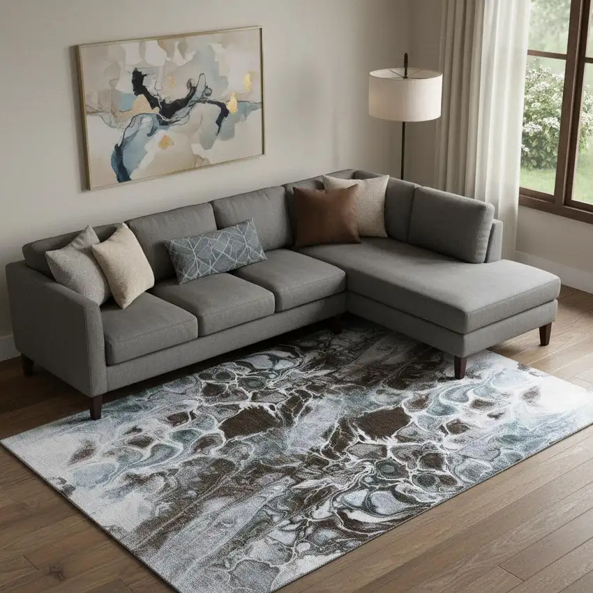 Chocolate Blue And Gray Abstract Washable Area Rug With UV Protection Photo 2