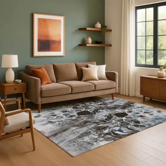 Chocolate Blue And Gray Abstract Washable Area Rug With UV Protection Photo 6