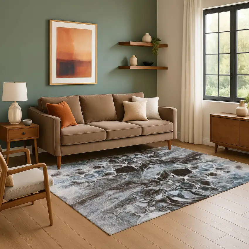 Chocolate Blue And Gray Abstract Washable Area Rug With UV Protection Photo 6