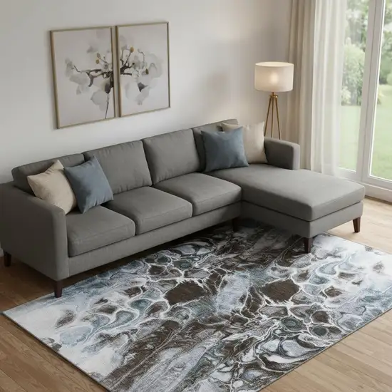 Chocolate Blue And Gray Abstract Washable Area Rug With UV Protection Photo 2