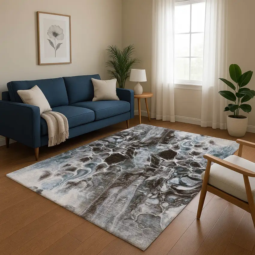 Chocolate Blue And Gray Abstract Washable Area Rug With UV Protection Photo 5