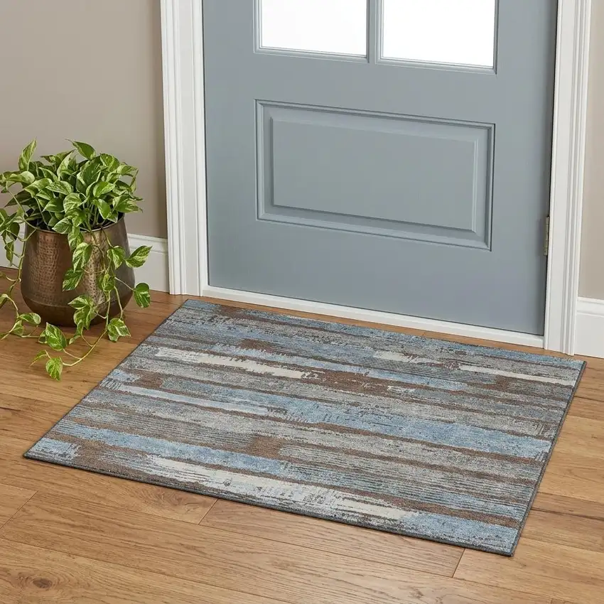 Chocolate Blue And Gray Striped Washable Area Rug With UV Protection Photo 1