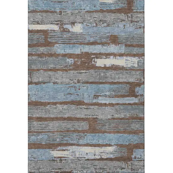 Chocolate Blue And Gray Striped Washable Area Rug With UV Protection Photo 3