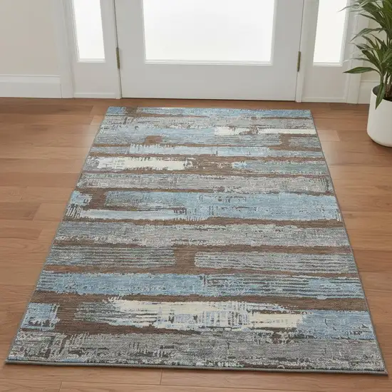 Chocolate Blue And Gray Striped Washable Area Rug With UV Protection Photo 2