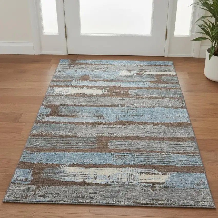 Chocolate Blue And Gray Striped Washable Area Rug With UV Protection Photo 2