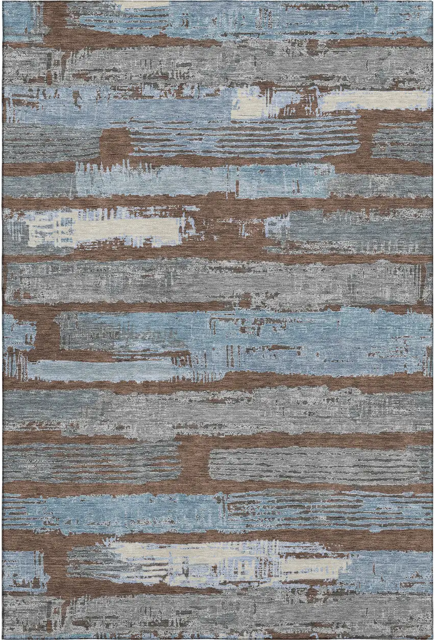 Chocolate Blue And Gray Striped Washable Area Rug With UV Protection Photo 1