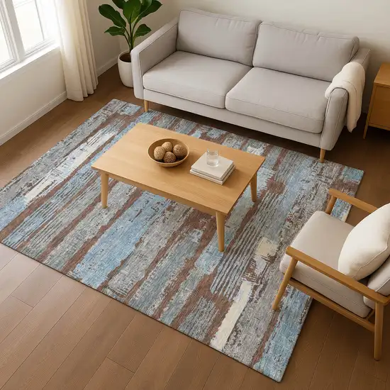 Chocolate Blue And Gray Striped Washable Area Rug With UV Protection Photo 5