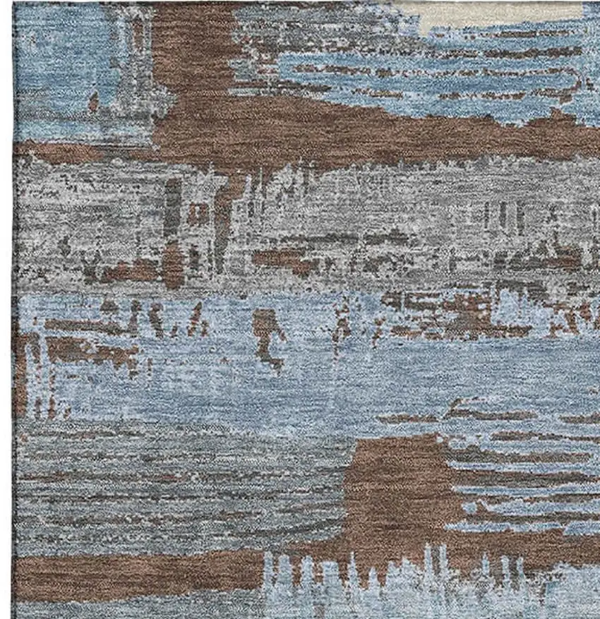 Chocolate Blue And Gray Striped Washable Area Rug With UV Protection Photo 2