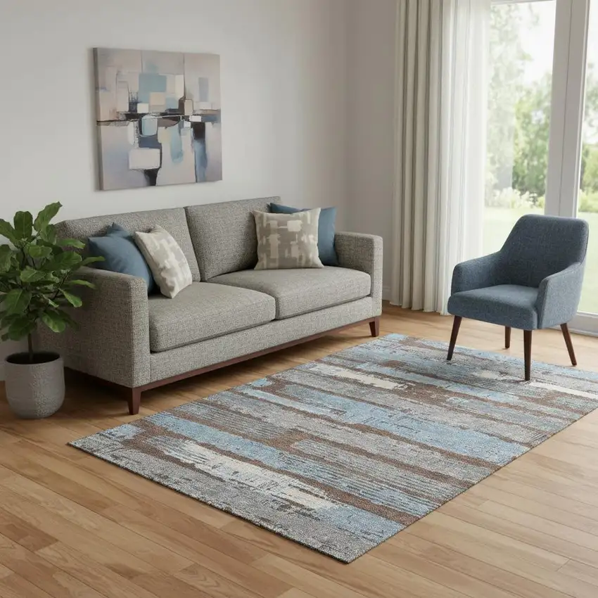 Chocolate Blue And Gray Striped Washable Area Rug With UV Protection Photo 2