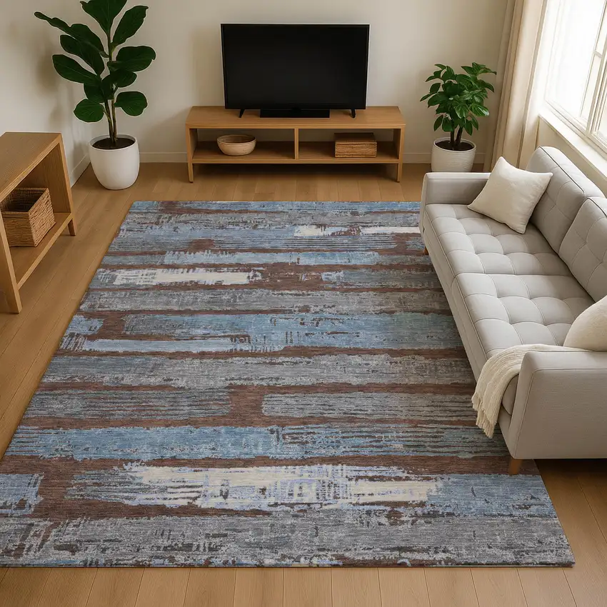 Chocolate Blue And Gray Striped Washable Area Rug With UV Protection Photo 4