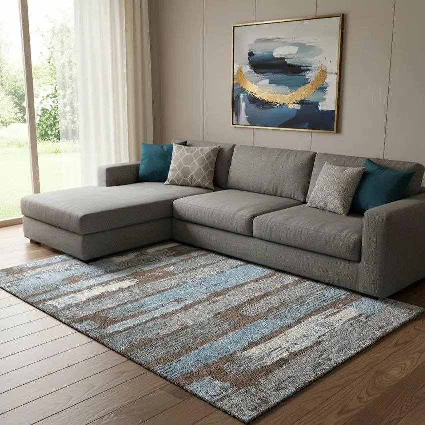 Chocolate Blue And Gray Striped Washable Area Rug With UV Protection Photo 2