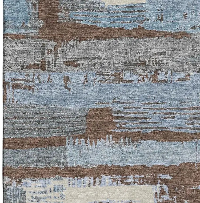 Chocolate Blue And Gray Striped Washable Area Rug With UV Protection Photo 3