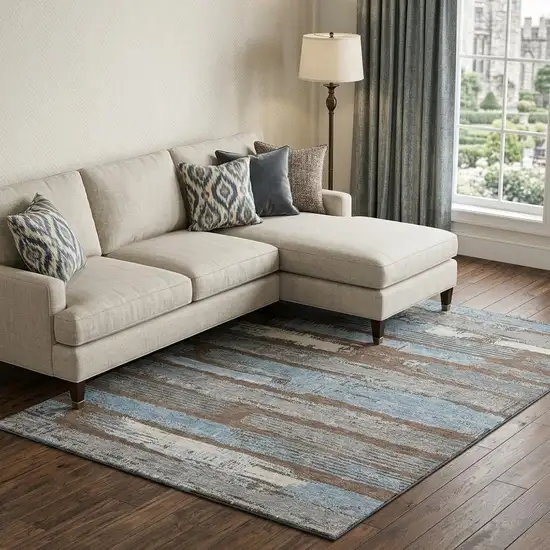 Chocolate Blue And Gray Striped Washable Area Rug With UV Protection Photo 1