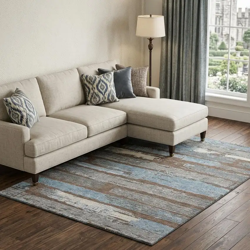 Chocolate Blue And Gray Striped Washable Area Rug With UV Protection Photo 1