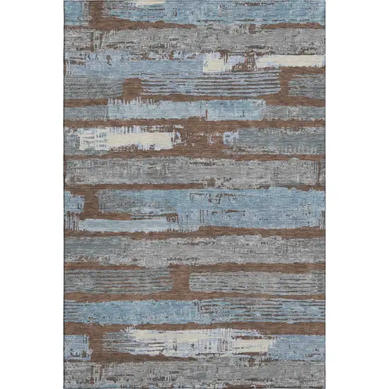 Chocolate Blue And Gray Striped Washable Area Rug With UV Protection Photo 1