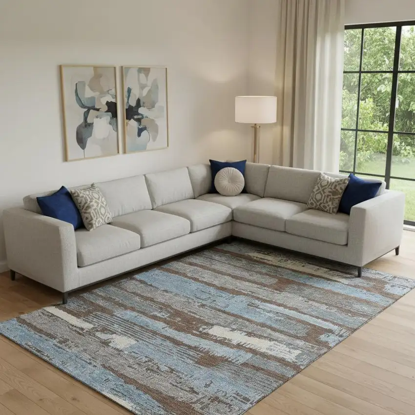 Chocolate Blue And Gray Striped Washable Area Rug With UV Protection Photo 2