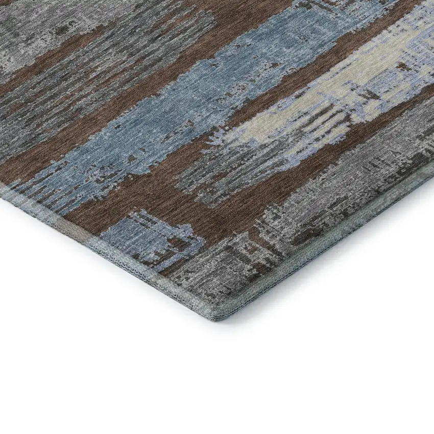 Chocolate Blue And Gray Striped Washable Area Rug With UV Protection Photo 6