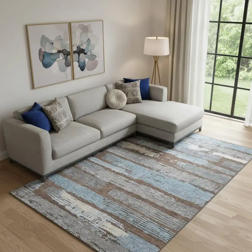 Chocolate Blue And Gray Striped Washable Area Rug With UV Protection Photo 2