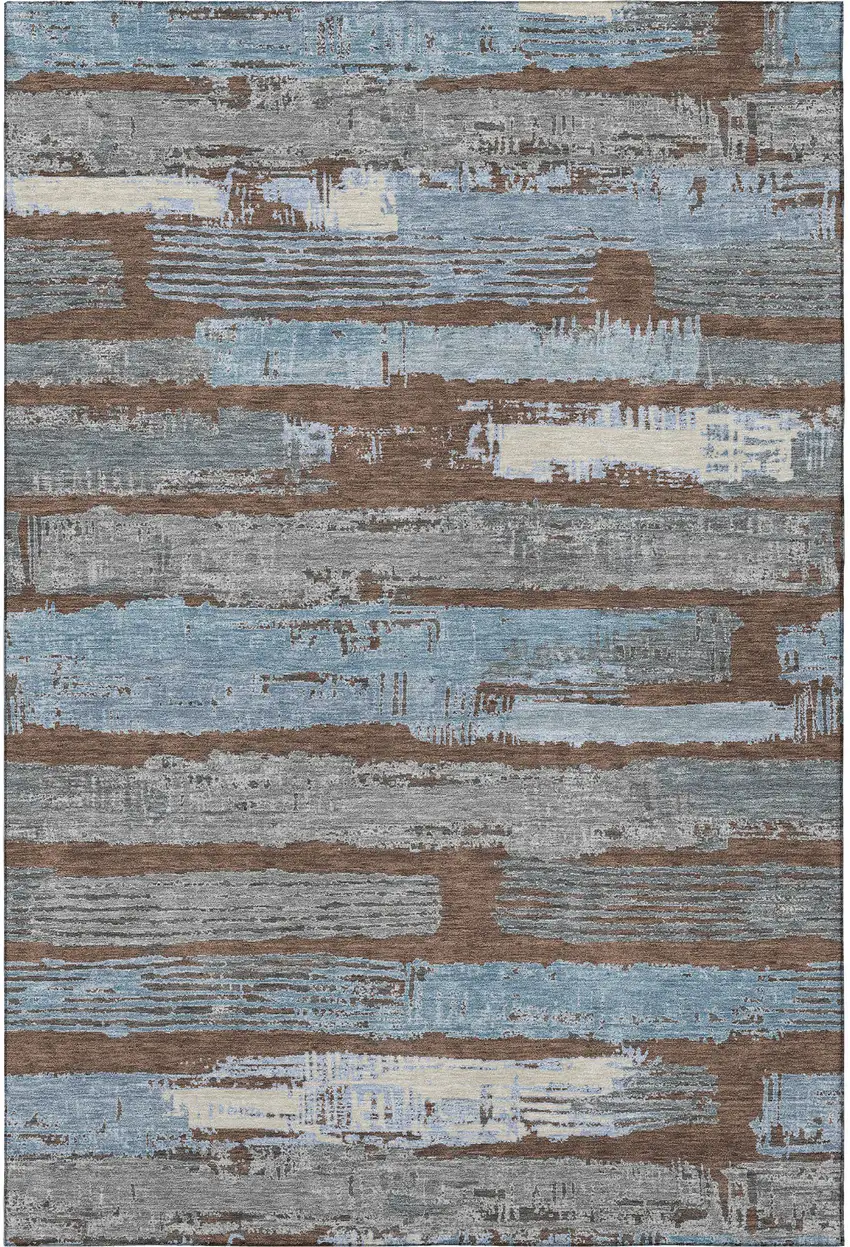 Chocolate Blue And Gray Striped Washable Area Rug With UV Protection Photo 2
