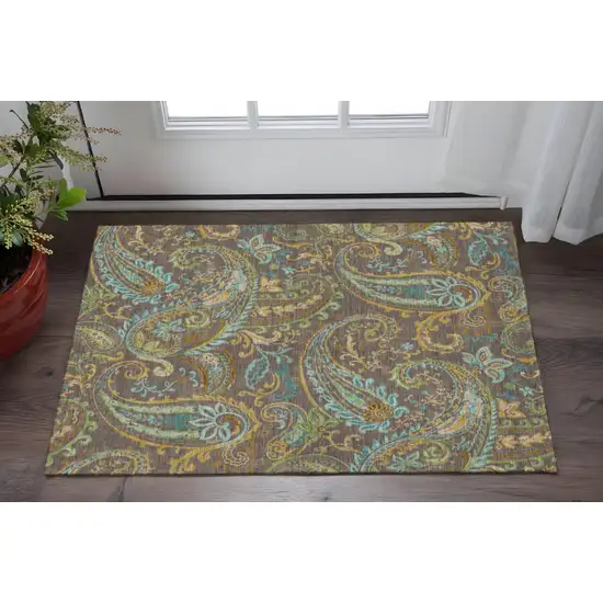 Chocolate Blue And Green Paisley Washable Area Rug With UV Protection Photo 2