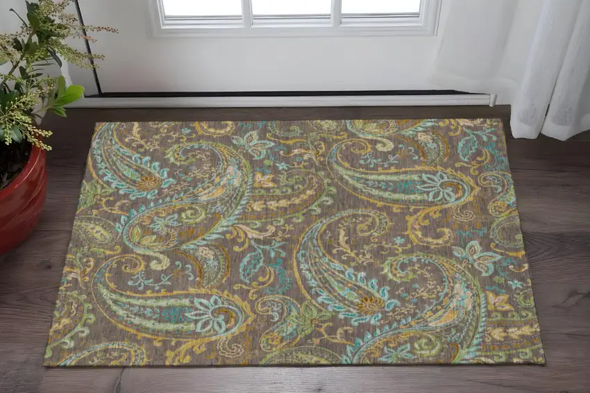 Chocolate Blue And Green Paisley Washable Area Rug With UV Protection Photo 2