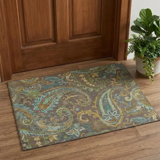 Chocolate Blue And Green Paisley Washable Area Rug With UV Protection Photo 1