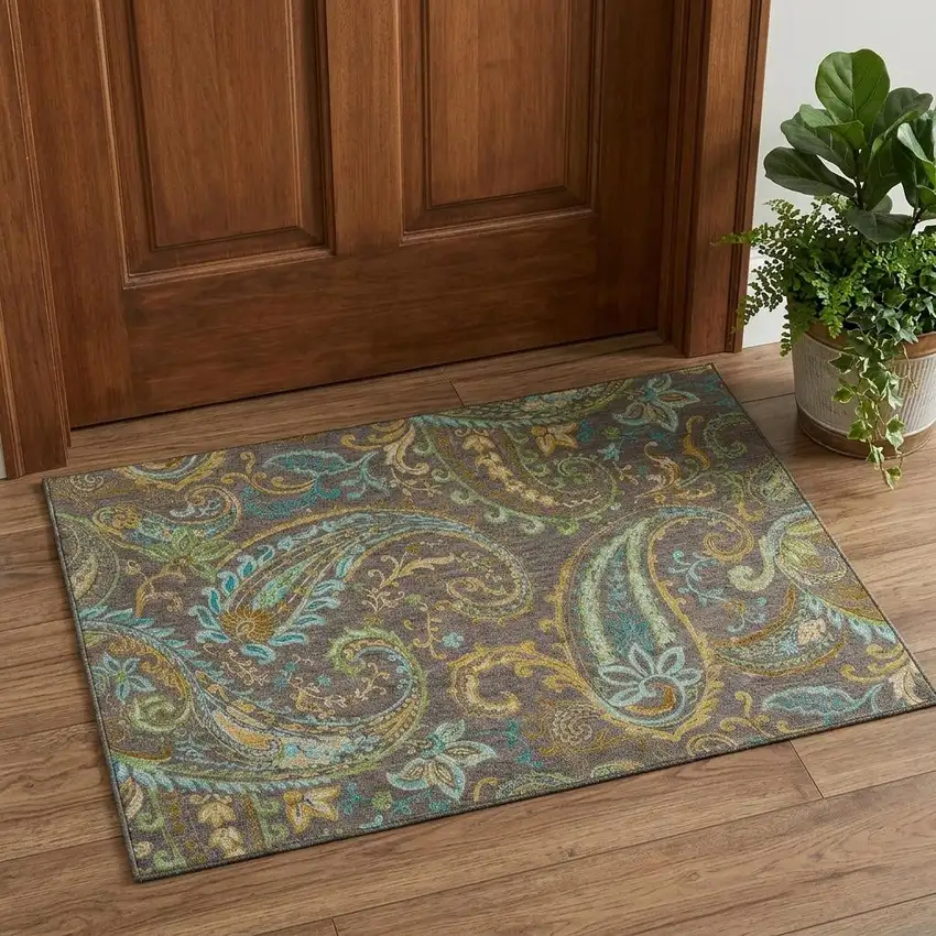 Chocolate Blue And Green Paisley Washable Area Rug With UV Protection Photo 1