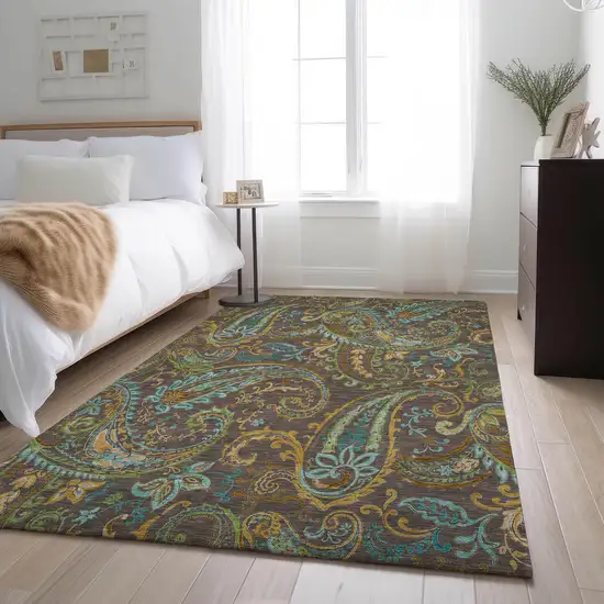 Chocolate Blue And Green Paisley Washable Area Rug With UV Protection Photo 5