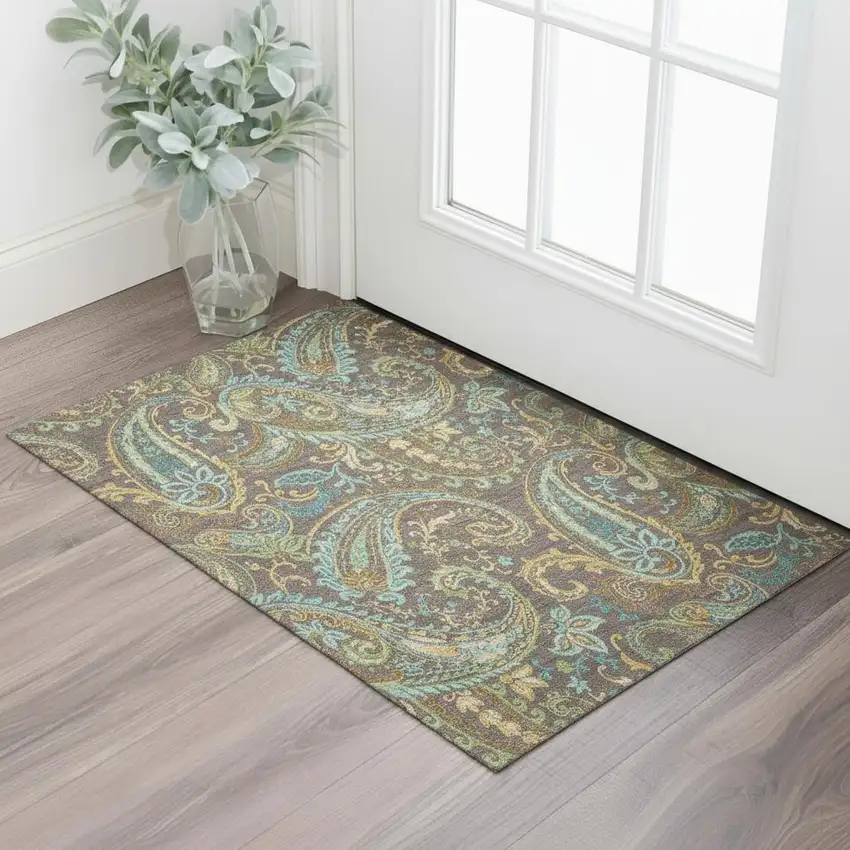 Chocolate Blue And Green Paisley Washable Area Rug With UV Protection Photo 1