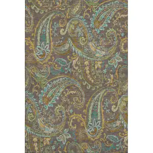 Photo of Chocolate Blue And Green Paisley Washable Area Rug With UV Protection