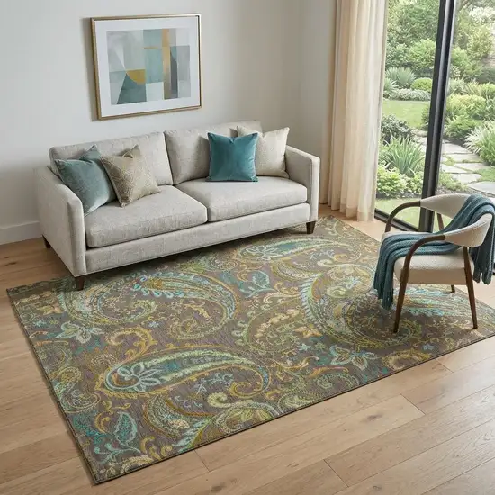 Chocolate Blue And Green Paisley Distressed Washable Area Rug With UV Protection Photo 1