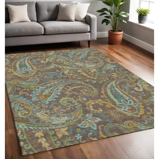 Chocolate Blue And Green Paisley Washable Area Rug With UV Protection Photo 2