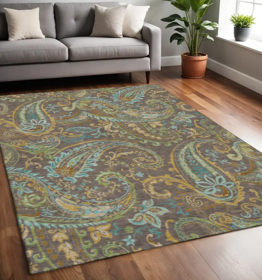 Chocolate Blue And Green Paisley Washable Area Rug With UV Protection Photo 2