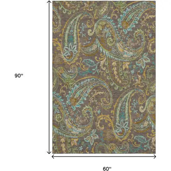 Chocolate Blue And Green Paisley Distressed Washable Area Rug With UV Protection Photo 9