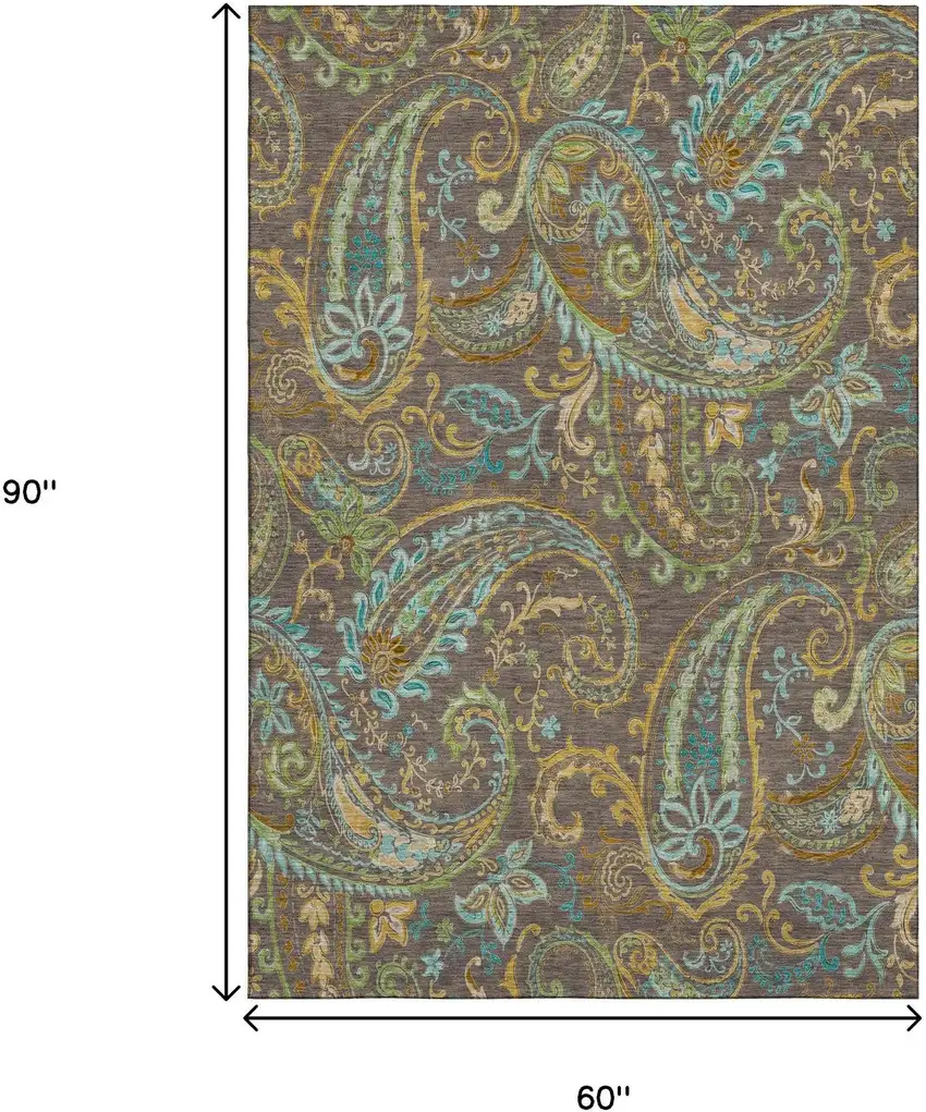 Chocolate Blue And Green Paisley Distressed Washable Area Rug With UV Protection Photo 9