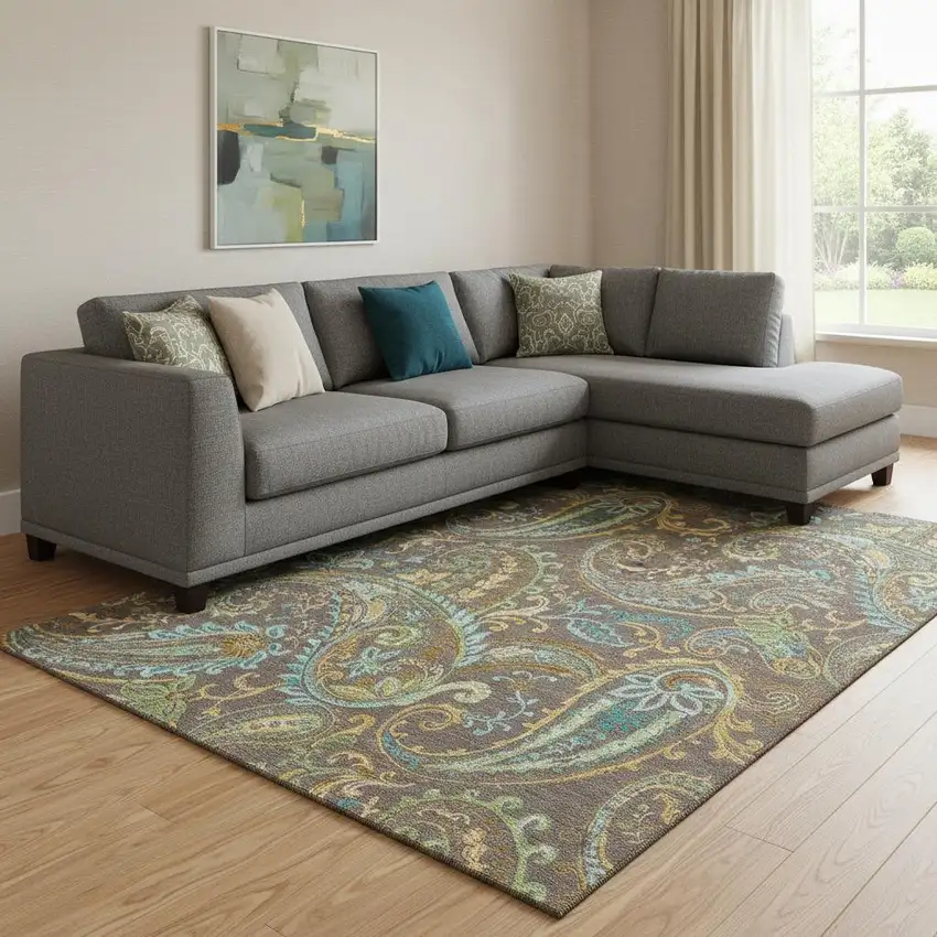 Chocolate Blue And Green Paisley Washable Area Rug With UV Protection Photo 1