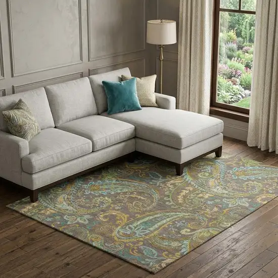 Chocolate Blue And Green Paisley Washable Area Rug With UV Protection Photo 1