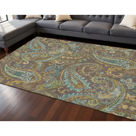 Chocolate Blue And Green Paisley Washable Area Rug With UV Protection Photo 2
