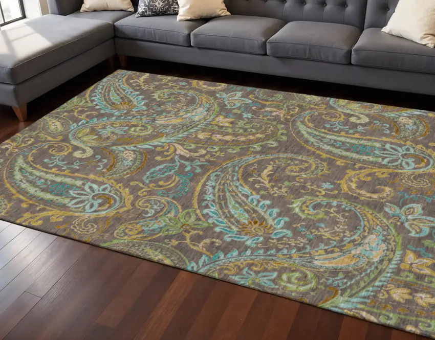 Chocolate Blue And Green Paisley Washable Area Rug With UV Protection Photo 2