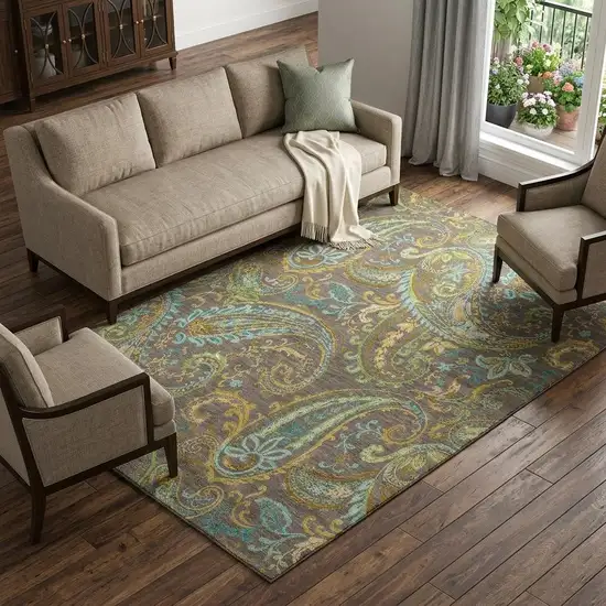 Chocolate Blue And Green Paisley Washable Area Rug With UV Protection Photo 1