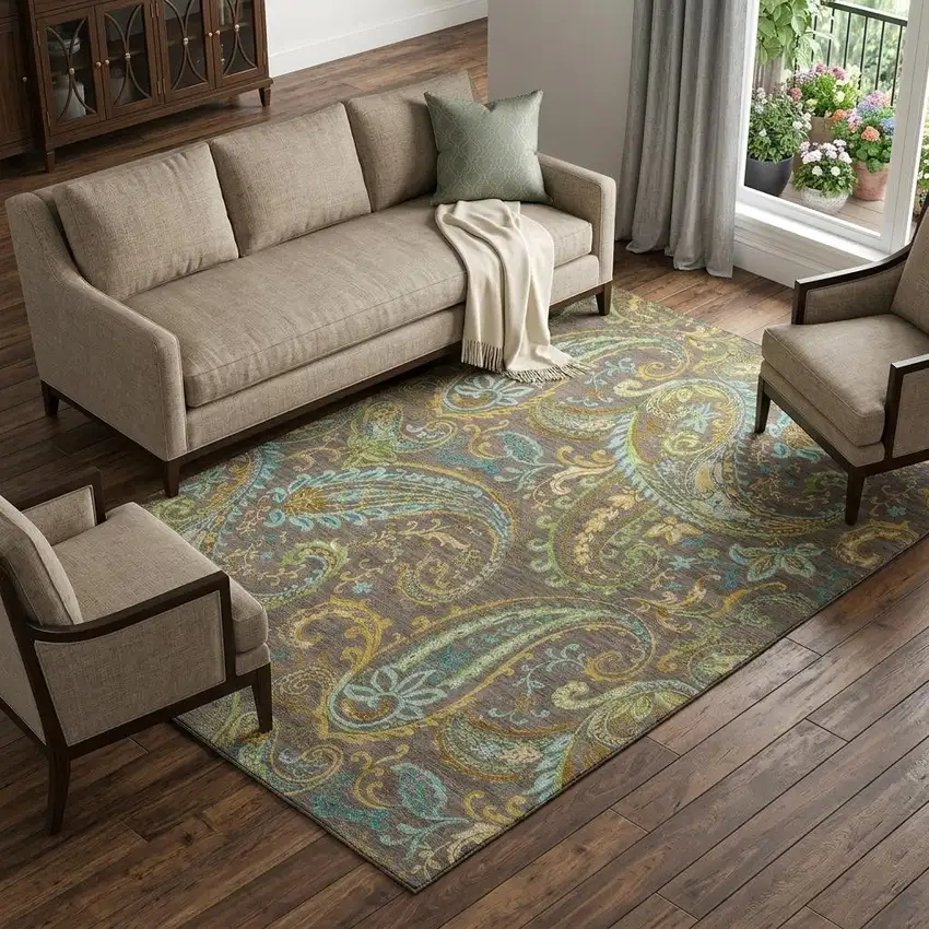Chocolate Blue And Green Paisley Washable Area Rug With UV Protection Photo 1