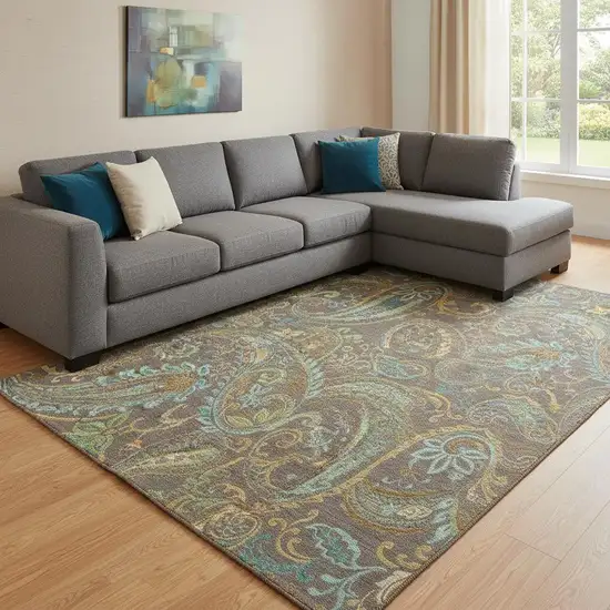 Chocolate Blue And Green Paisley Washable Area Rug With UV Protection Photo 1